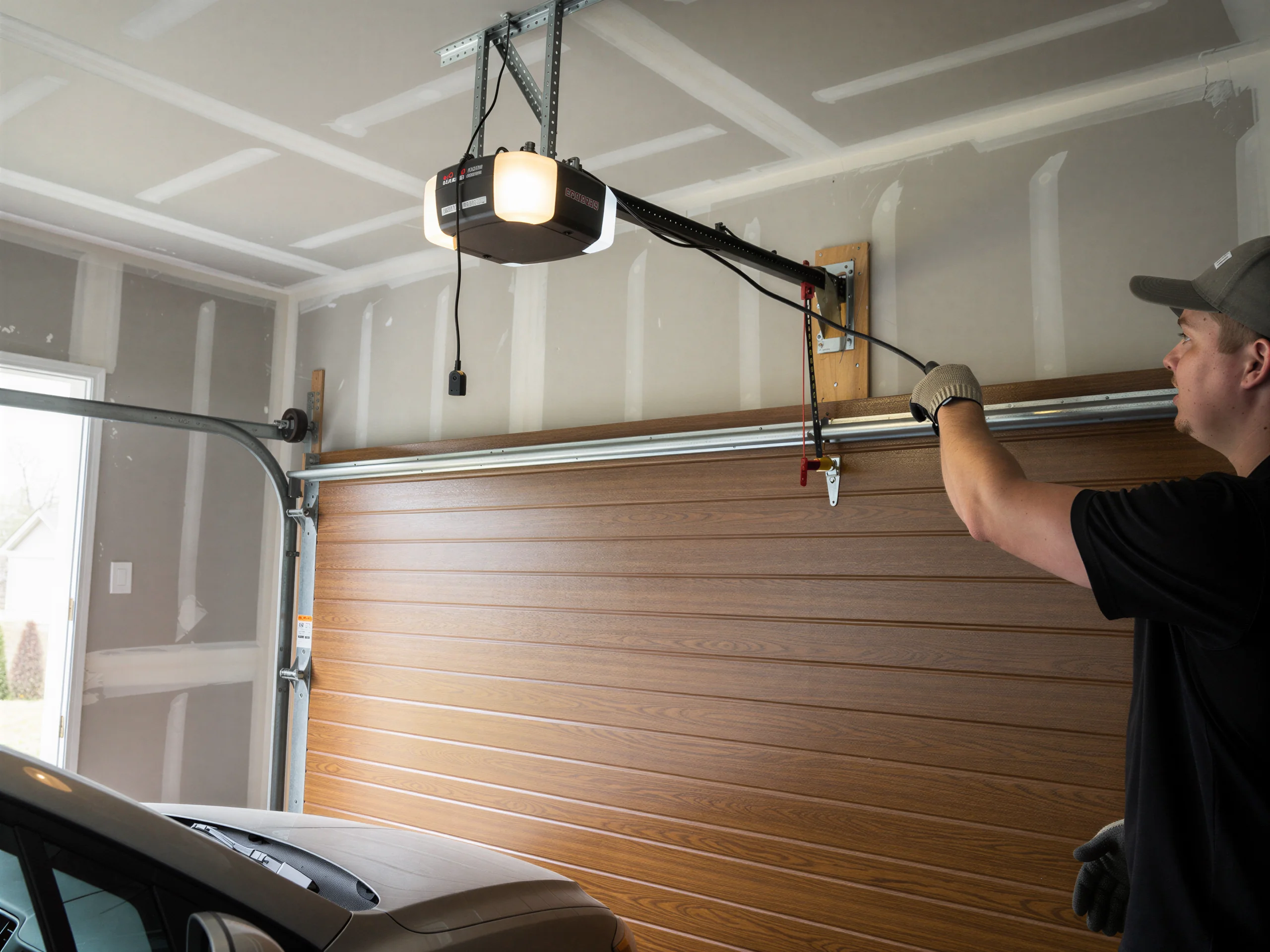 A technician in a cap and gloves works on a brown garage door.