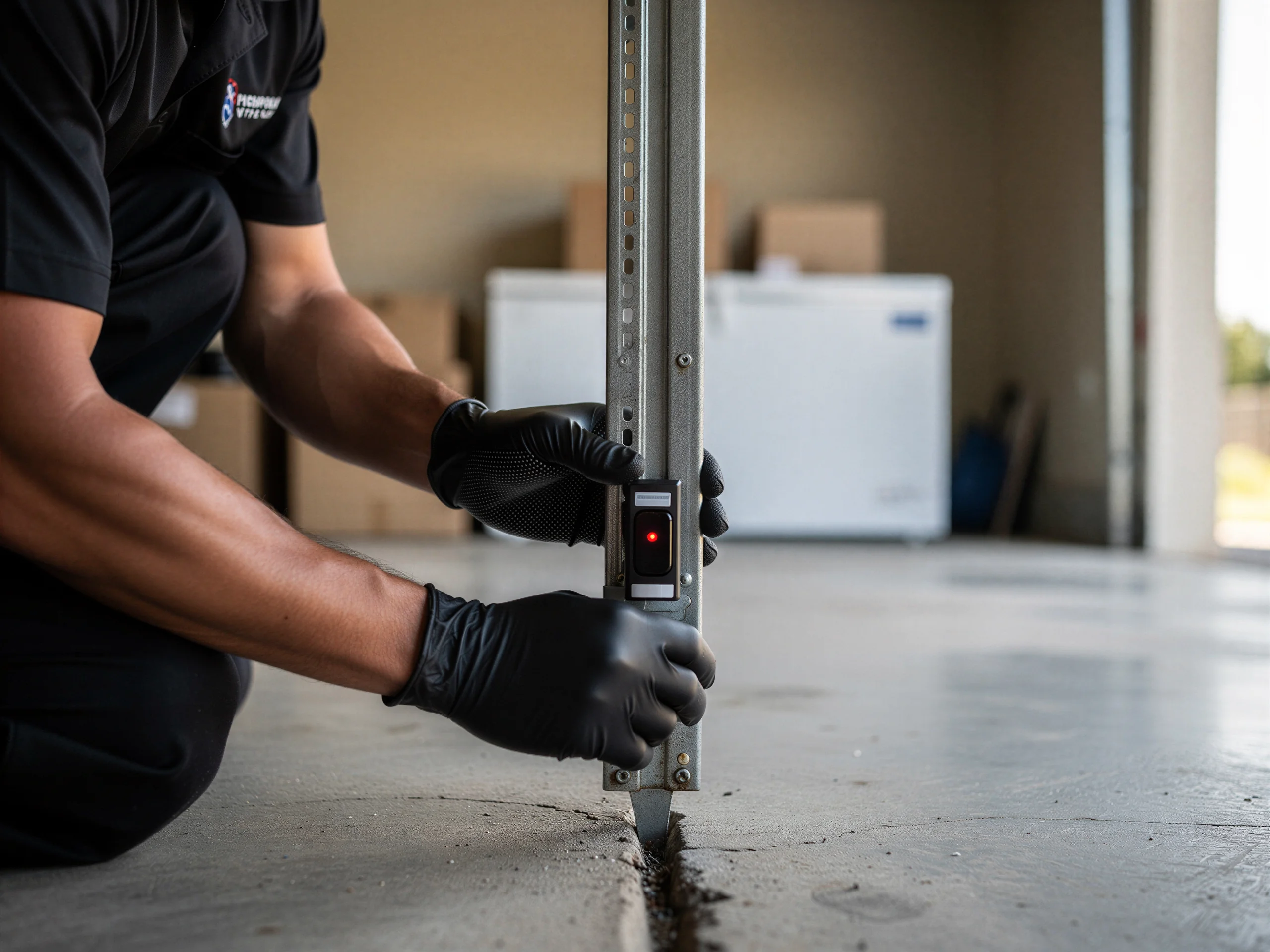 A technician in black gloves adjusts a garage door safety sensor.