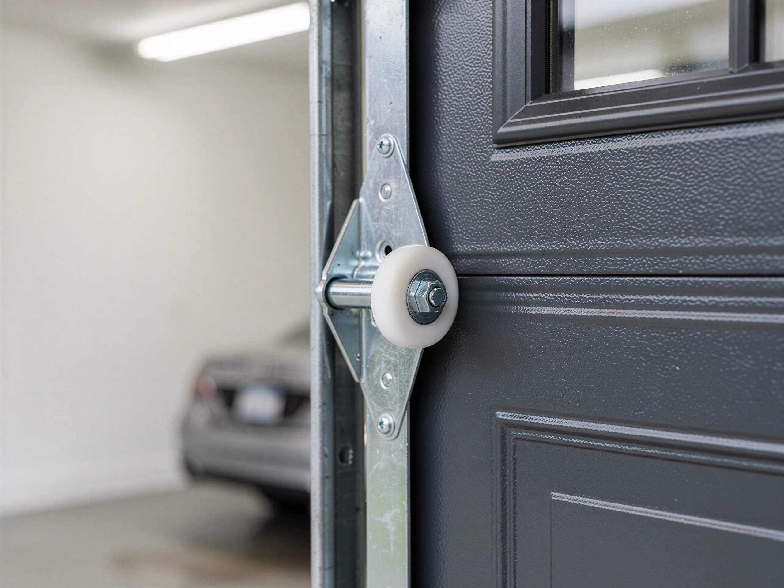 A white roller is attached to a gray garage door track.
