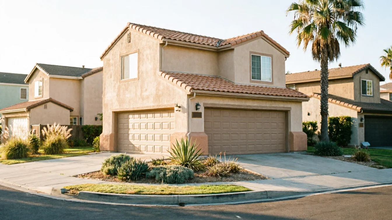 The house has two brown garage doors and a palm tree in the front.