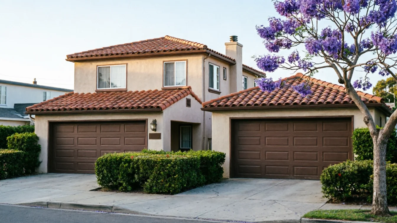 A house with two brown garage doors, a tiled roof, and a purple flowering tree.