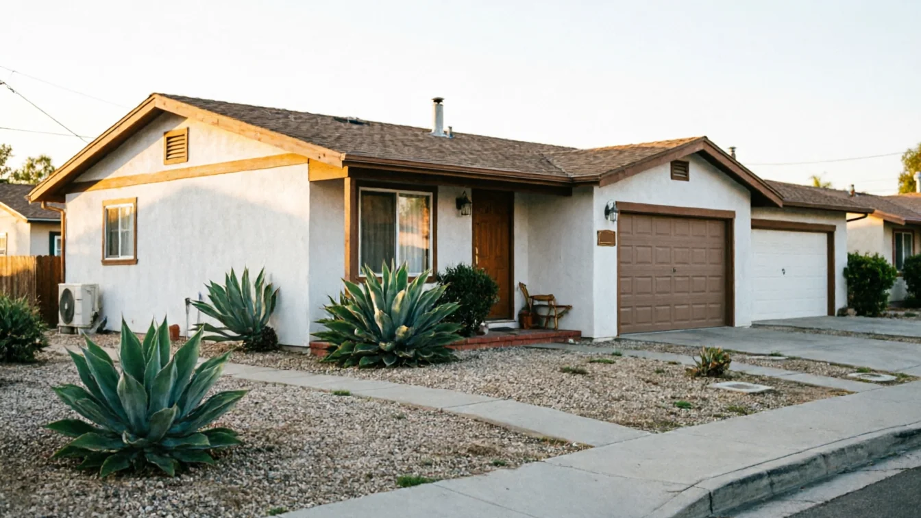 The house has a brown garage door and a white garage door.